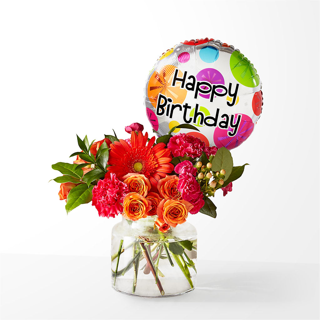 Fiesta Bouquet with Birthday Balloon – Kennedale Florist, Saginaw TX